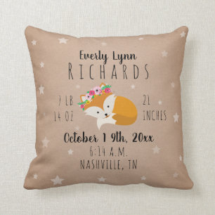 Woodland Stars Sleepy Fox Girl Birth Stats Nursery Cushion