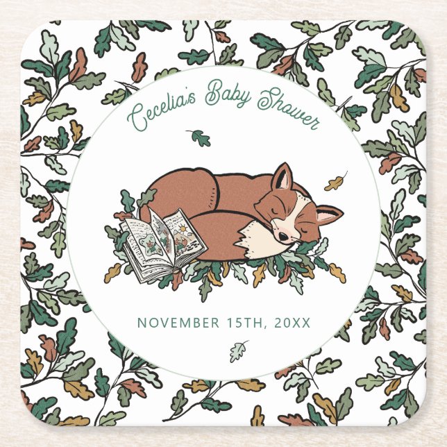 Woodland Storybook Fall Fox Baby Shower Square Paper Coaster (Front)
