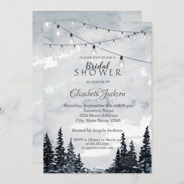  Woodland, String Lights, Watercolor  Invitation (Front/Back)