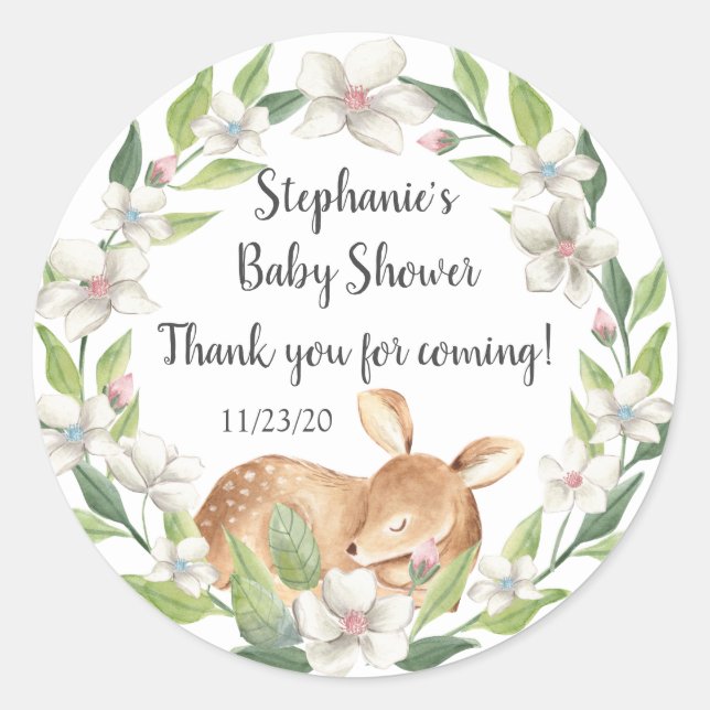 Woodland Sweet Deer Baby Shower Favour Classic Round Sticker (Front)