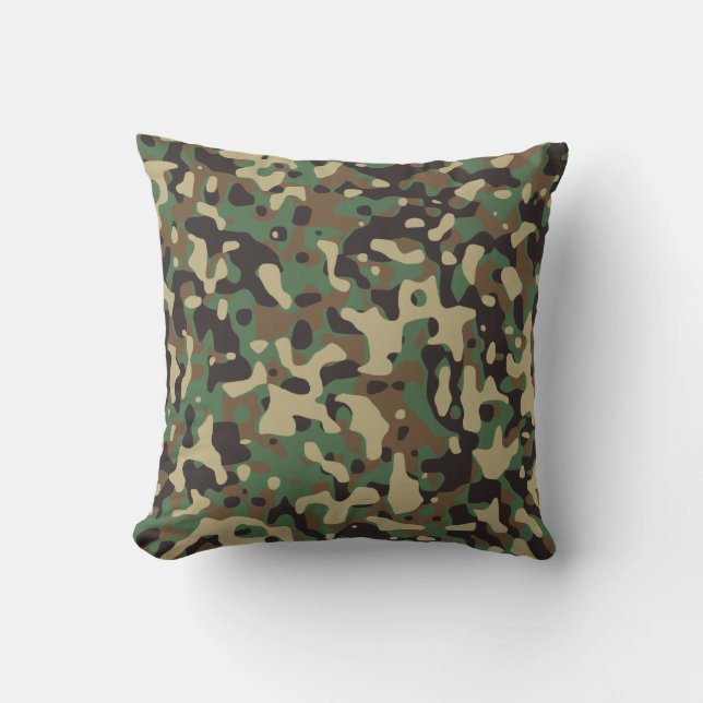Woodland Tan Brown Green Grey Camo Camouflage Cushion (Front)