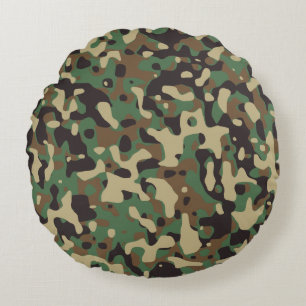 Woodland Tan Brown Green Grey Camo Camouflage Round Cushion