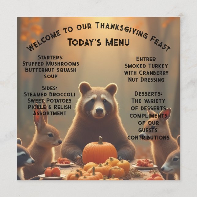 Woodland Thanksgiving Party Friends and Family Menu (Front)