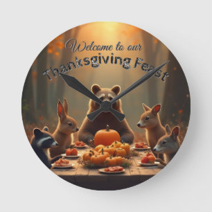 Woodland Thanksgiving Party Friends and Family Round Clock
