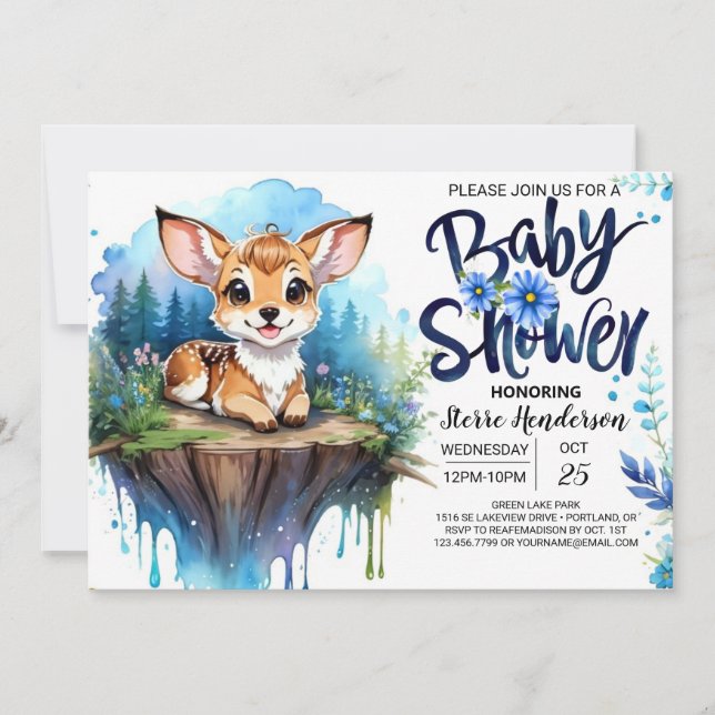 Woodland Theme Blue Baby Shower for Boy Invitation (Front)