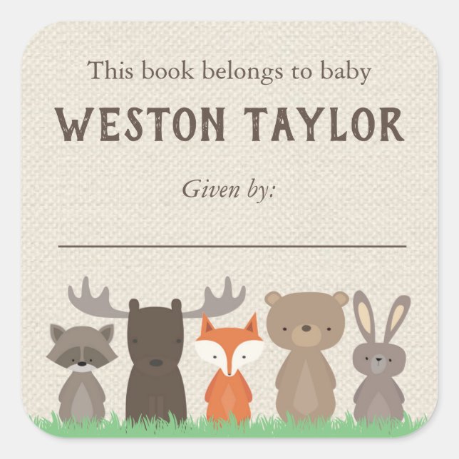 Woodland Themed Bookplate Stickers for Baby Shower (Front)