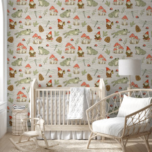 Woodland Toadstools Gnomes Frogs Faux Grasscloth Wallpaper
