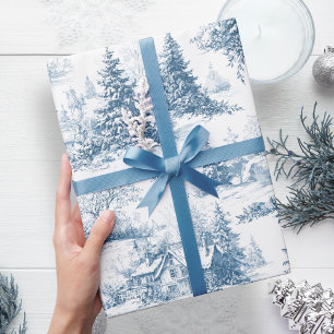 Woodland Toile Blue Christmas Holiday Wrapping Paper