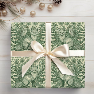 Woodland Toile Pattern Green Christmas Wrapping Paper Sheet