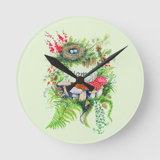 Woodland Treasures Botanical Watercolor Wreath Round Clock (Front)