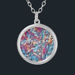 WOODLAND TREE ABSTRACT   SILVER PLATED NECKLACE<br><div class="desc">An abstract art design of a small woodland tree in blues,  reds and brown colours.</div>