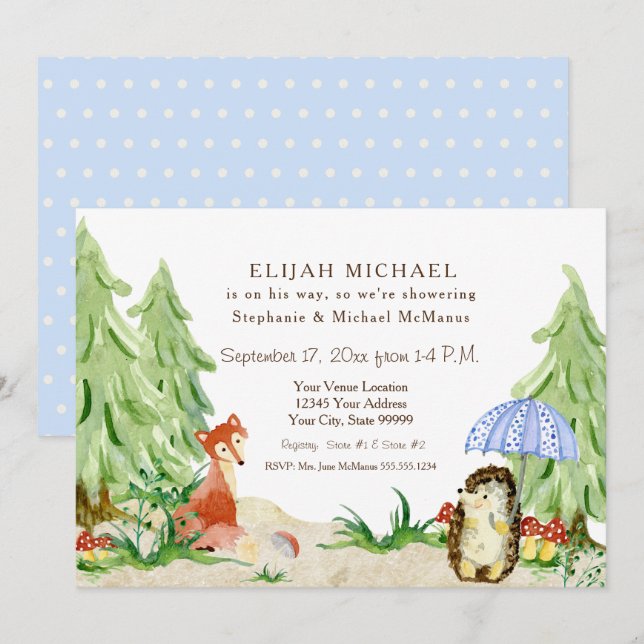 Woodland Tree Forest Fox Hedgehog Boy Baby Shower Invitation (Front/Back)