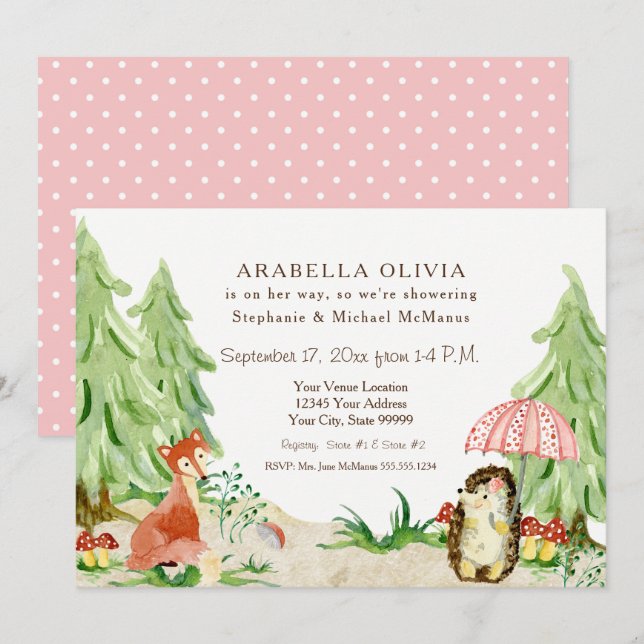 Woodland Tree Forest Fox Hedgehog Girl Baby Shower Invitation (Front/Back)
