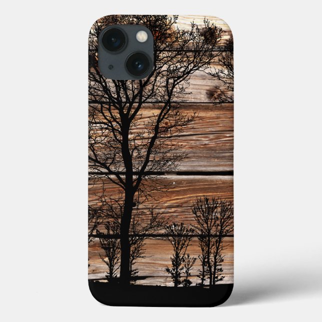 Woodland Tree Silhouette On Barn Board Case-Mate iPhone Case (Back)