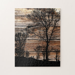 Woodland Tree Silhouette On Barn Board Jigsaw Puzzle