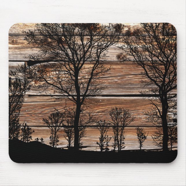 Woodland Tree Silhouette On Barn Board Mouse Mat (Front)