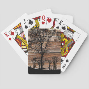 Woodland Tree Silhouette On Barn Board Playing Cards