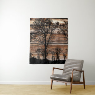 Woodland Tree Silhouette On Barn Board Tapestry