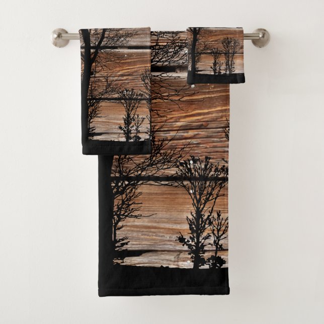 Woodland Tree Silhouette On Barn Board Towel Set (Insitu)