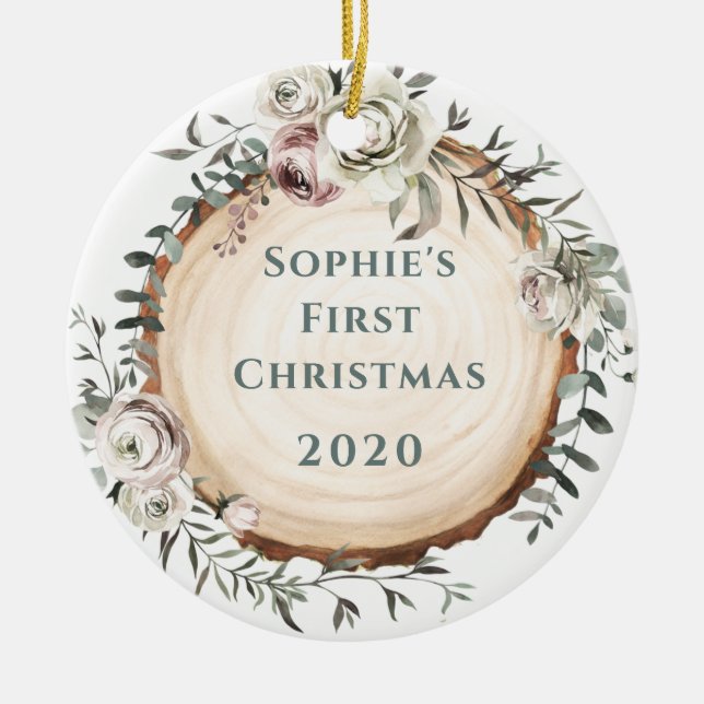 Woodland Tree Slice with Flowers | Baby's First Ceramic Tree Decoration (Front)