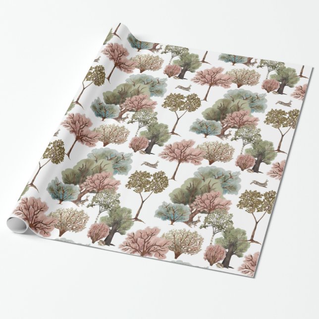 Woodland Trees Rabbits Wrapping Paper (Unrolled)