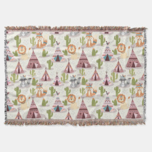 Woodland Tribal Native Americans Seamless Pattern Throw Blanket
