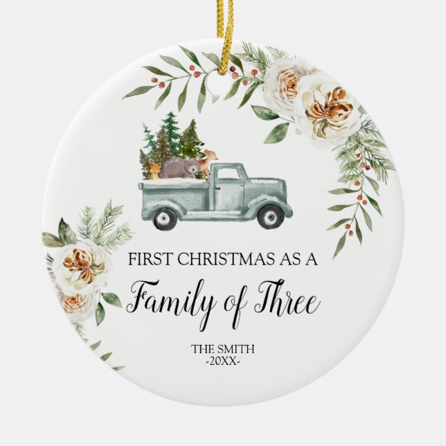 Woodland Truck Christmas Family of three  Ceramic Tree Decoration (Front)