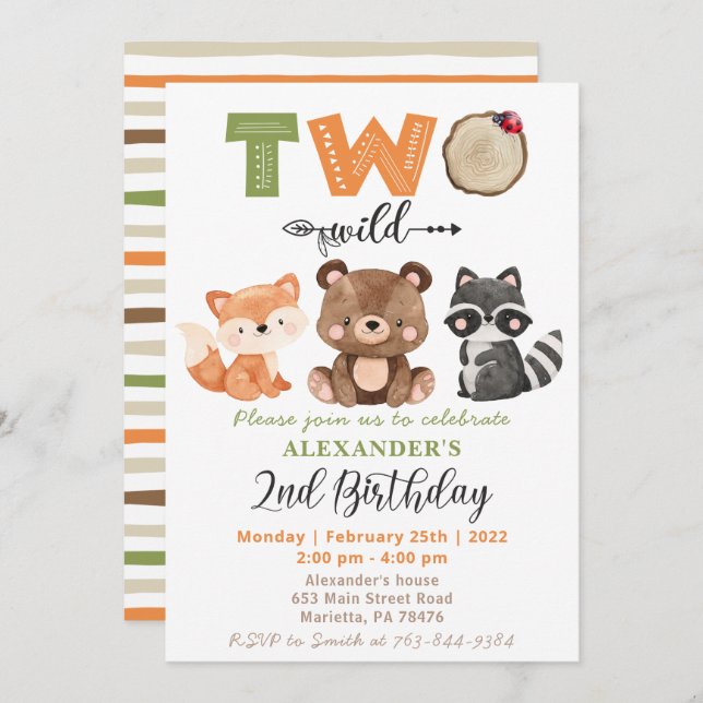 Woodland Two Wild Bear Fox Racoon 2nd Birthday Invitation (Front/Back)