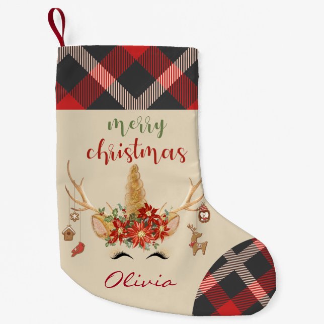 Woodland Unicorn Face with Antlers Small Christmas Stocking (Front)
