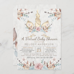 Woodland Unicorn Virtual Baby Shower Gold Invitation