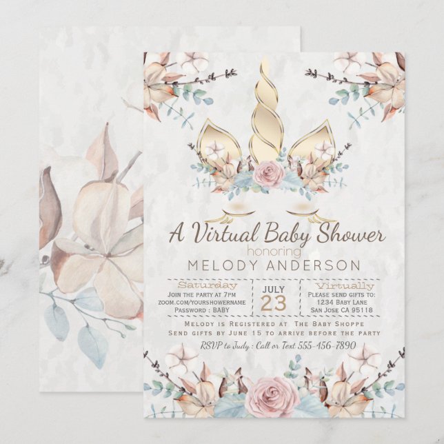 Woodland Unicorn Virtual Baby Shower Gold Invitation (Front/Back)