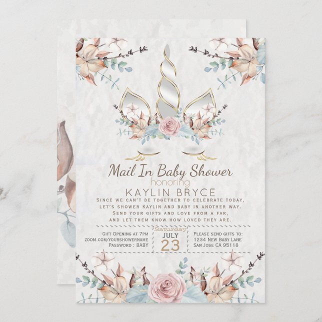 Woodland Unicorn Virtual Baby Shower Kaylin Invitation (Front/Back)