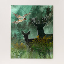 Woodland Union Pair of Deer and Hawk