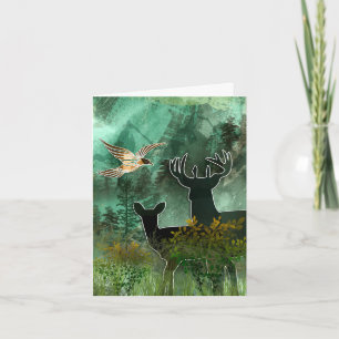 Woodland Union Pair of Deer and Hawk Note Card