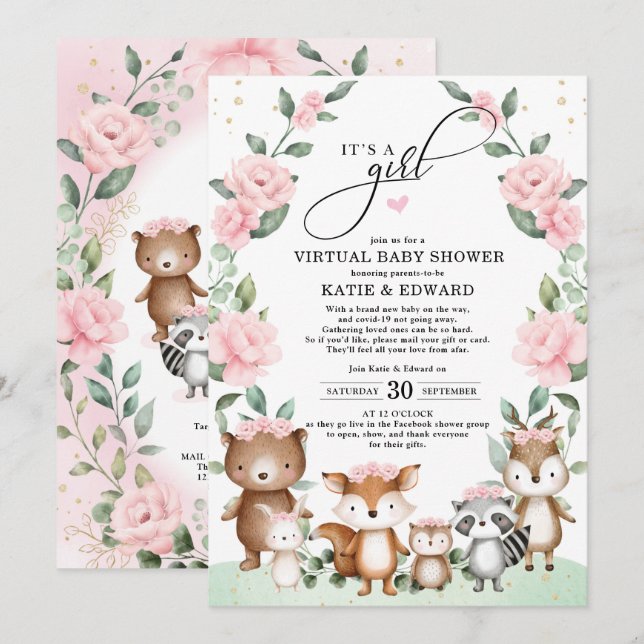 Woodland Virtual Baby Shower Blush Floral Animals Invitation (Front/Back)