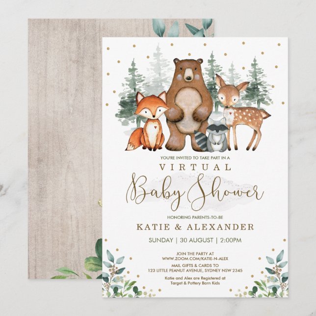 Woodland Virtual Baby Shower Forest Zoom Party Invitation (Front/Back)