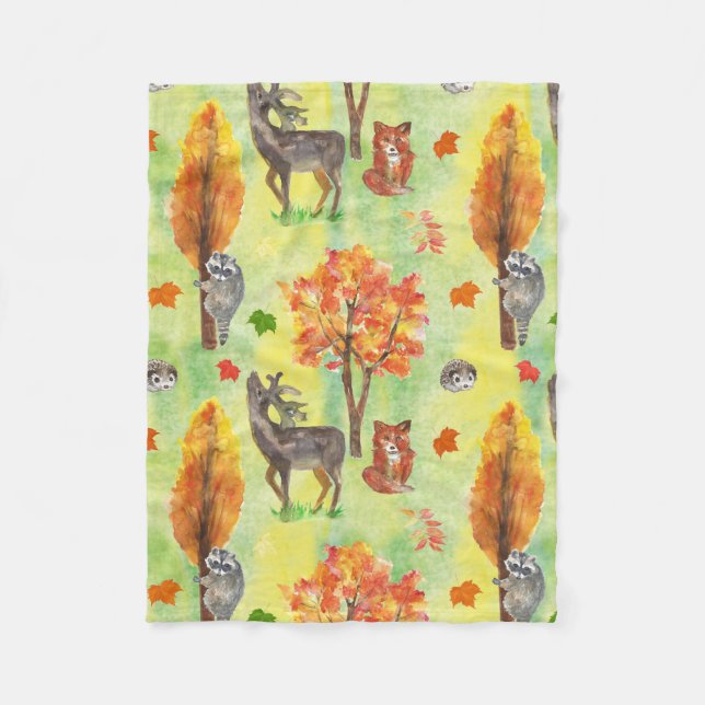 Woodland Watercolor animals Fleece Blanket (Front)