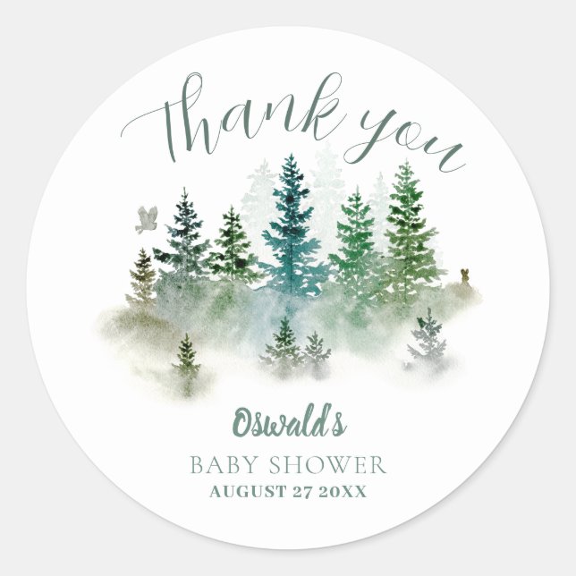 Woodland Watercolor Baby Shower Classic Round Sticker (Front)
