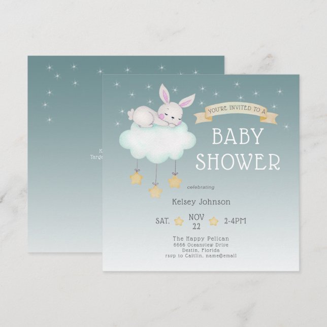 Woodland Watercolor Bunny Starry Baby Shower Invitation (Front/Back)
