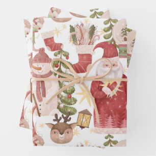 Woodland Watercolor Christmas Santa, Snowman  Wrapping Paper Sheet