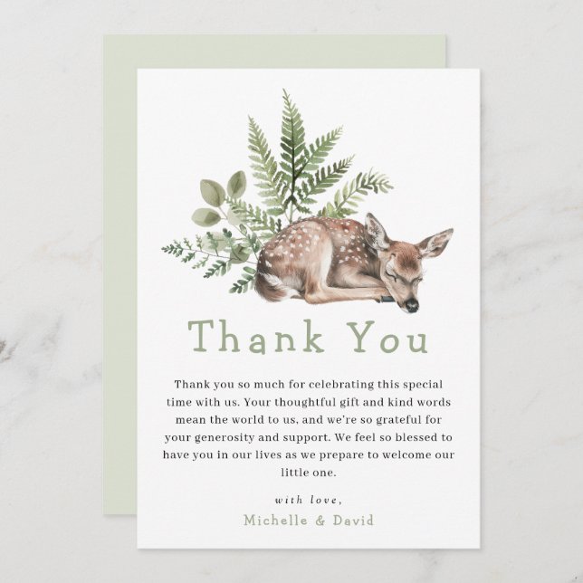 Woodland Watercolor Deer Baby Shower Thank You (Front/Back)