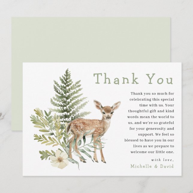 Woodland Watercolor Deer Baby Shower Thank You (Front/Back)