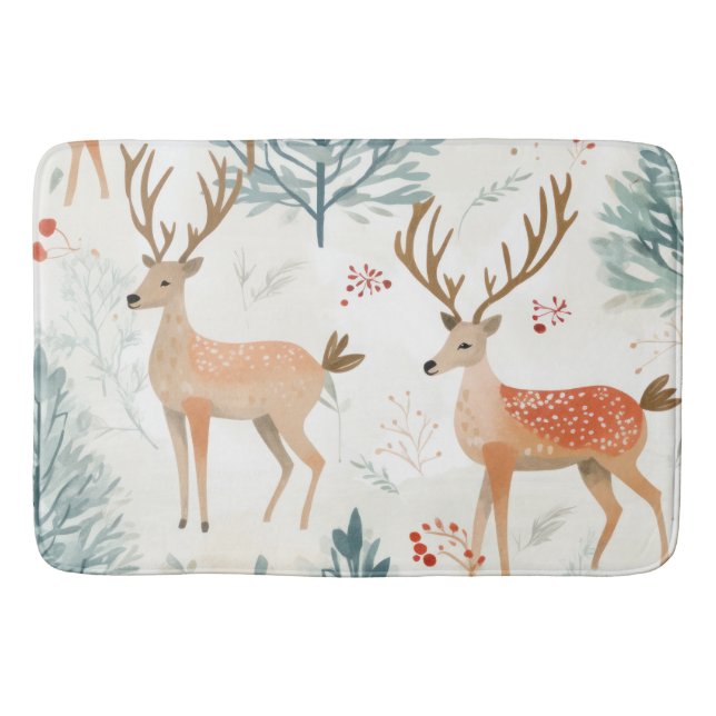 Woodland Watercolor Deer In WinterForest Christmas Bath Mat (Front)