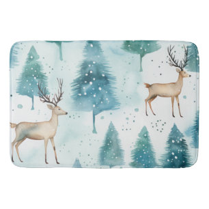 Woodland Watercolor Deer In WinterForest Christmas Bath Mat