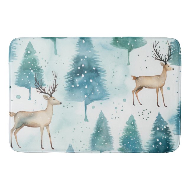 Woodland Watercolor Deer In WinterForest Christmas Bath Mat (Front)