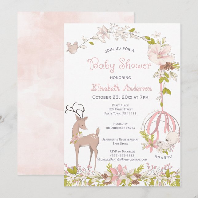 Woodland Watercolor Floral Baby Girl Shower Invitation (Front/Back)