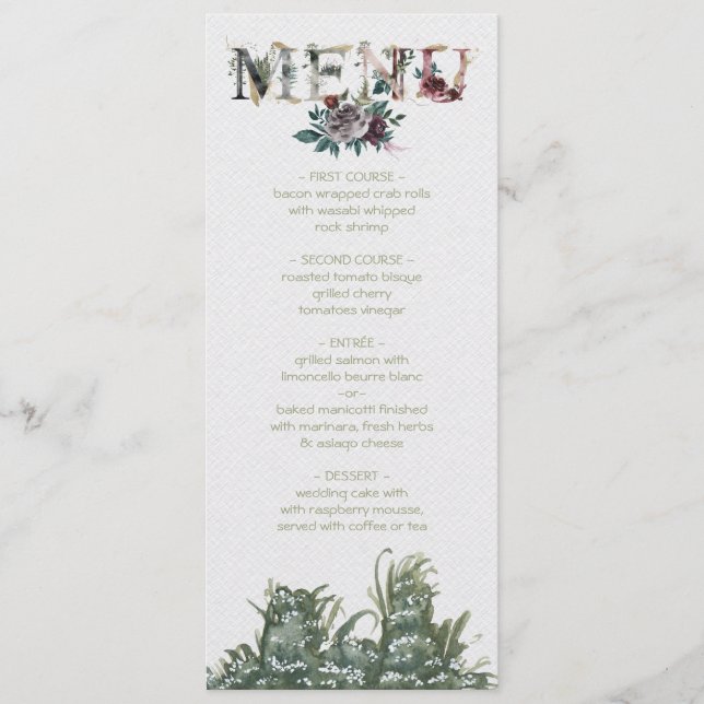 Woodland Watercolor Foliage Wedding menu card (Front)