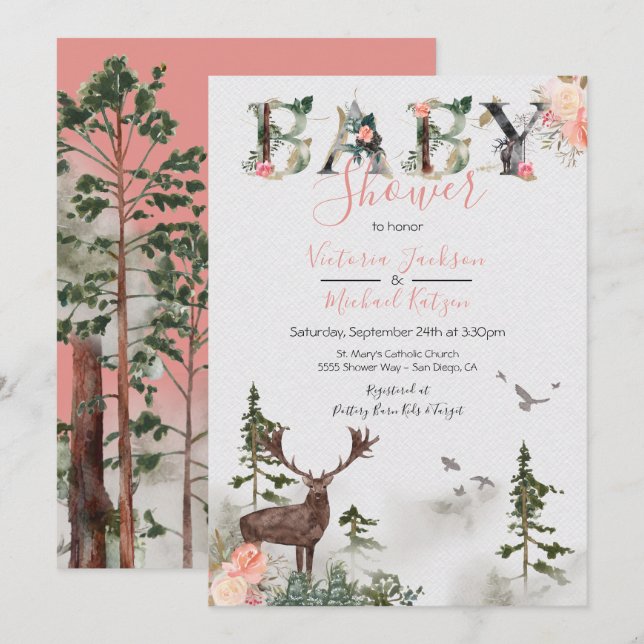 Woodland Watercolor Forest Baby Girl Shower Invitation (Front/Back)