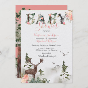 Woodland Watercolor Forest Baby Girl Shower Invitation