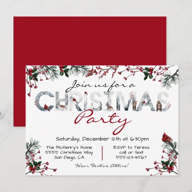 Woodland Watercolor Forest Christmas Party Invitation (Front/Back)